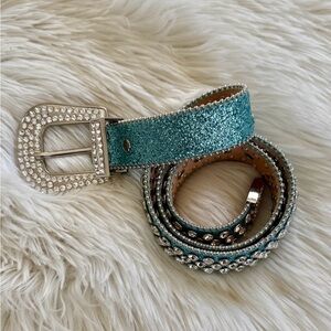 Glittering Teal Belt with Crystal Buckle